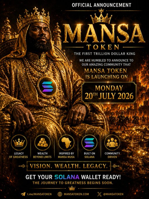 A promotional graphic featuring a regal figure adorned in gold crown and robes, announcing the launch of the MANSA Token on Solana, with text reading "OFFICIAL ANNOUNCEMENT," "MANSA TOKEN – THE FIRST TRILLION DOLLAR KING," and a launch date of "MONDAY 20TH JULY 2026," alongside icons highlighting "Legacy of Greatness," "Wealth Beyond Limits," "Inspired by Mansa Musa," "Built on Solana," and "Community Driven." The image visually reinforces the announcement post by emphasizing the token's grand, kingly branding tied to its upcoming July 20, 2026 launch on the Solana blockchain.