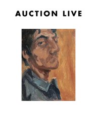 An "Auction Live" graphic featuring a painted portrait of a man in profile against a warm orange background.