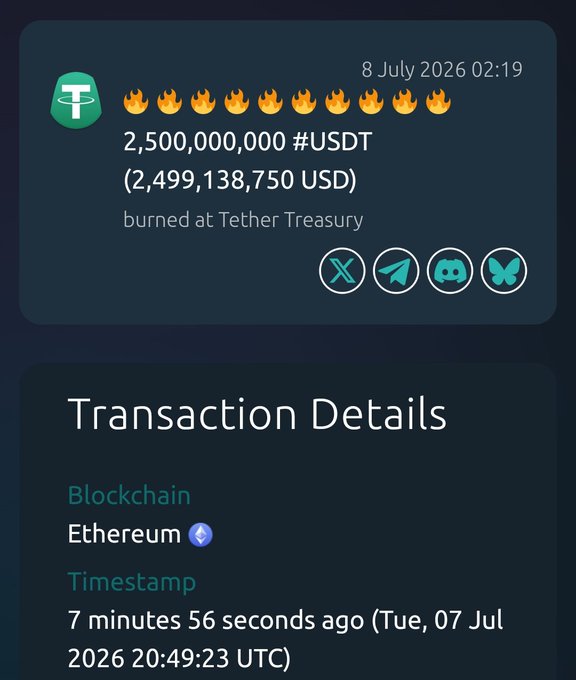 A screenshot from Tether's transaction tracker shows 2,500,000,000 USDT (~$2.5 billion) burned at the Tether Treasury on July 8, 2026, via an Ethereum transaction, visually confirming the post's claim of a massive USDT token burn.