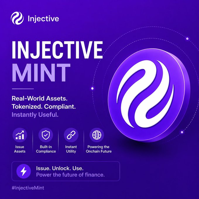 Purple promotional graphic for Injective's 'Mint' product, featuring the slogan 'Real-World Assets. Tokenized. Compliant. Instantly Useful.' with icons for Issue Assets, Built-in Compliance, Instant Utility, and Powering the Onchain Future.
