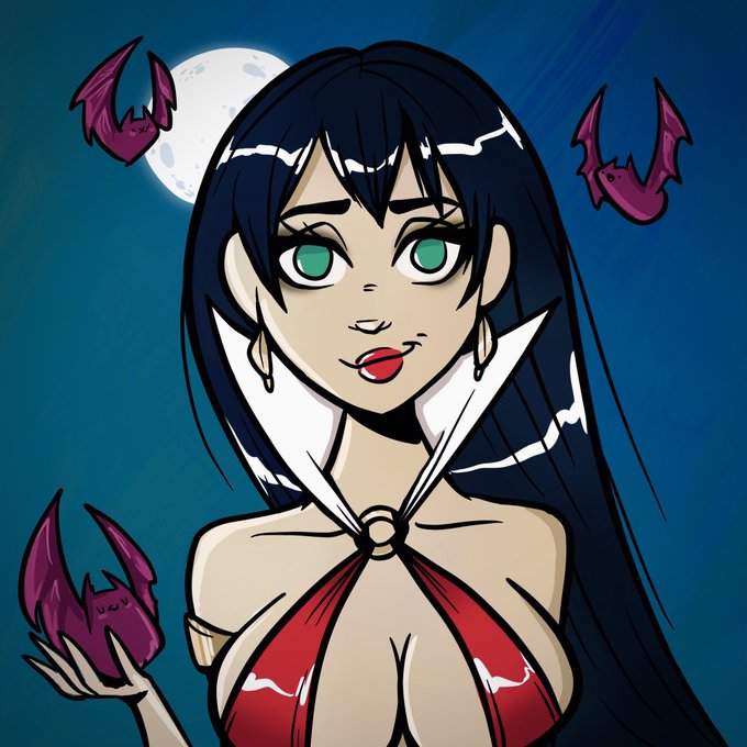 An anime-style illustration of a woman with long dark hair and green eyes wearing a red halter top, with small purple bat-like creatures flying around her.