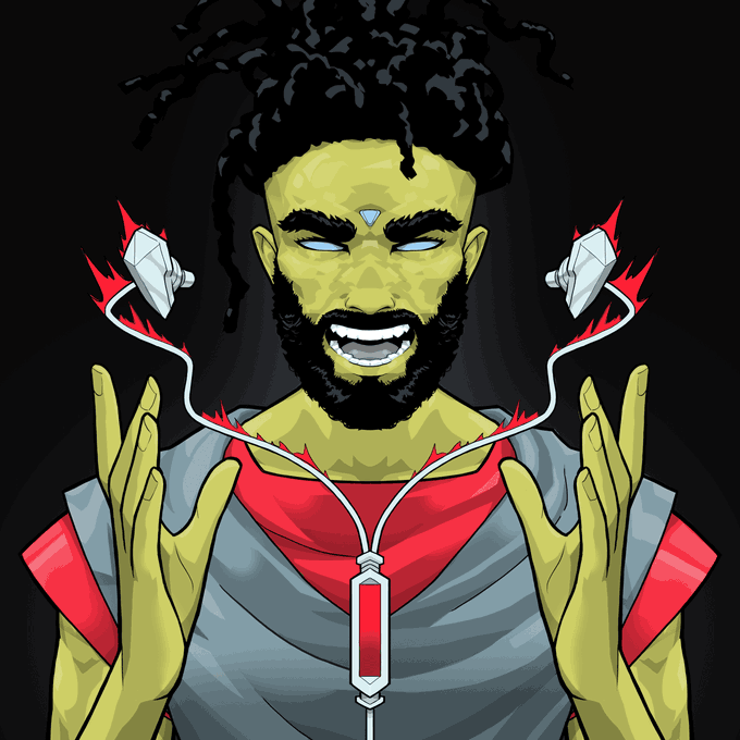 A stylized digital illustration depicts a green-skinned, bearded man with dreadlocks laughing while holding earbuds that emit red, flame-like energy.