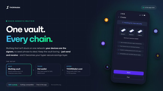 Promotional website for THORWallet, a 'CHAIN-AGNOSTIC MULTISIG' platform with the tagline 'One vault. Every chain.', displaying a 3-step setup process and a mobile app interface for creating a multisig wallet.