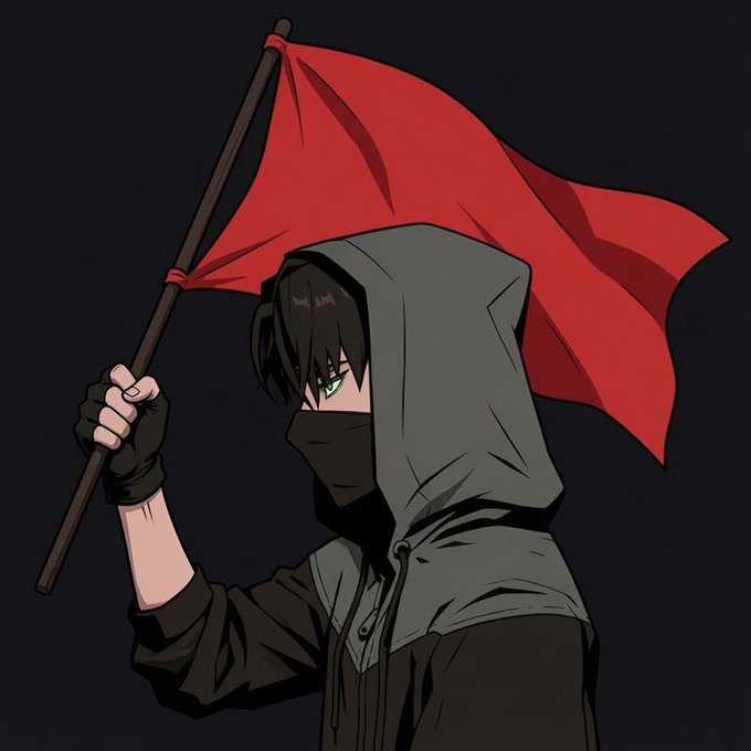 An anime-style character with dark hair, wearing a black hood and face mask, raises a red flag against a dark background, symbolizing the "red flag" alert referenced in the tweet about spotting the @RedFlags_NFT freemint.