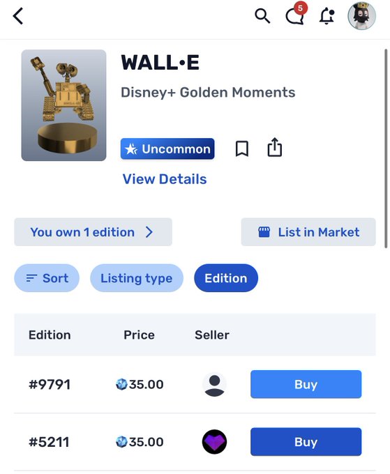A digital collectible trading interface for a Disney+ Golden Moments WALL•E pin showing two editions (#9791 and #5211) each priced at 35.00, with the user comment questioning the high pricing compared to the pin's appearance on VeVe.