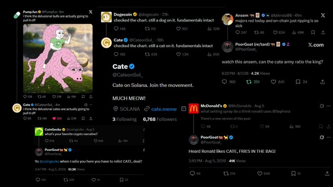 A collage of X/Twitter posts about the Cate memecoin on Solana, including tweets from @Pumpfun, @DogeCoin, @Anserm, @CateonSol, @PoorGoat, and McDonald's, featuring an image of a figure riding a pink bull and the tagline 'Cate on Solana. Join the movement. MUCH MEOW!'