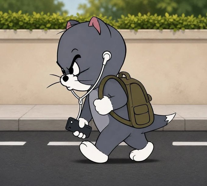 Cartoon illustration of Tom from Tom and Jerry walking on a street with a backpack and headphones, looking at a smartphone.