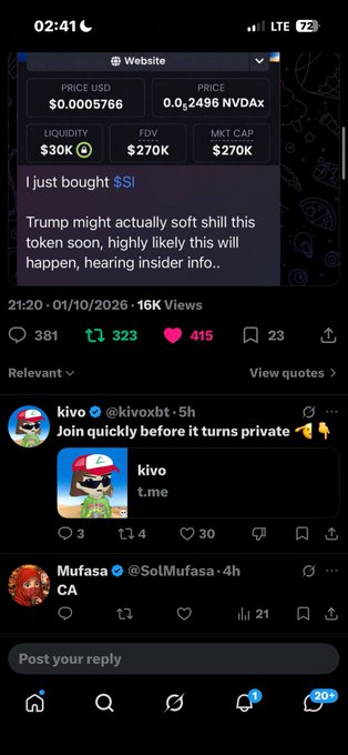 A screenshot of a Twitter/X post on a phone displays a token called '$I' with a market cap of $270K, a price of $0.0005766, and a message reading 'I just bought $I' followed by speculation that 'Trump might actually soft shill this token soon.'
