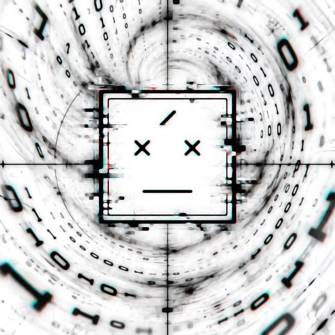 A glitchy computer face icon sits at the center of a swirling digital vortex filled with binary code (0s and 1s), evoking a sense of digital disorientation or "being lost in the system." 

The image thematically ties to the post about requesting a KYC (Know Your Customer) verification through direct message, suggesting a tongue-in-cheek look of confusion or bewilderment at the verification process in the crypto/online space.