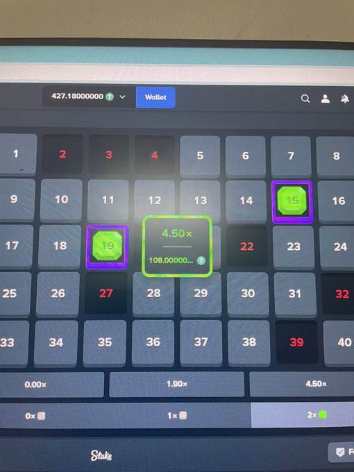 A mobile screen showing a Mines gambling game on Stake with a 4.50x multiplier revealing a win on tile 19 and a green gem on tile 15, with a balance of 427.18 displayed.