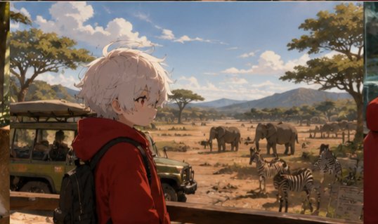 A white-haired anime character in a red hoodie gazes out over a sunlit African savanna filled with elephants and zebras, with safari vehicles in the foreground. The serene wildlife scene mirrors the weekend's aspirational "make money" and adventure-seeking energy of the agenda, evoking a sense of freedom and exploration.