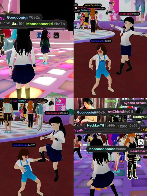 A collage of four screenshots from a virtual dance party metaverse featuring avatars with usernames like 'Googoogigi', 'Moondancerkri', 'Islandmomke', and 'heckkerTG' dancing on a colorful lit floor.