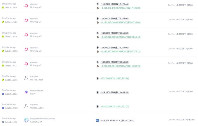 A transaction history screenshot showing multiple large Uniswap V3 "execute" swaps involving ETH and CASHCAT, including withdrawals of -119.2 ETH (~$212,496) and -100 ETH (~$178,269) along with corresponding CASHCAT inflows totaling over $925K, supporting the post's claim of a major $CASHCAT accumulation.