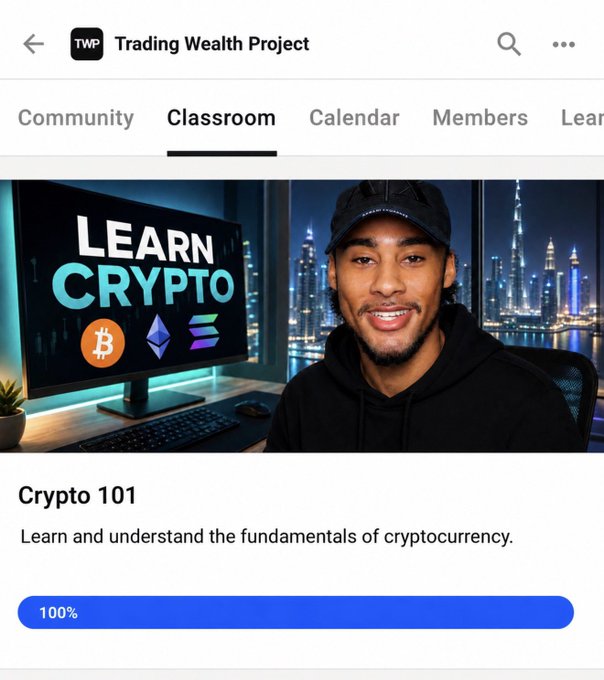A screenshot of the Skool community "Trading Wealth Project" shows the Classroom tab featuring a "Crypto 101" course at 100% completion, with promotional imagery of a smiling man in a cap next to a "LEARN CRYPTO" display featuring Bitcoin, Ethereum, and Solana logos—illustrating the crypto education content shared by founder MAL Trading (CryptoWmal).
