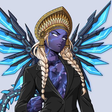 An illustration of a blue-skinned character with a gold headdress, braided blonde hair, and glowing blue mechanical wings, wearing a black blazer.