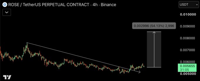 The image shows a 4-hour Binance chart for the ROSE/USDT perpetual contract, where the price has just broken above a descending trendline at $0.005655 (31.05% gain), with an annotated target at $0.002996 (54.13%) projecting a potential move up to $0.009000, supporting the post's claim of a "MASSIVE BREAKOUT."