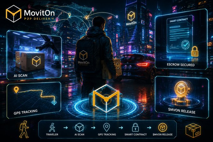 A futuristic cyberpunk-style promotional graphic for 'MovitOn P2P DELIVERY' shows a courier in a branded jacket surrounded by feature panels for AI Scan, GPS Tracking, Smart Contract Escrow, and $MVON Release.