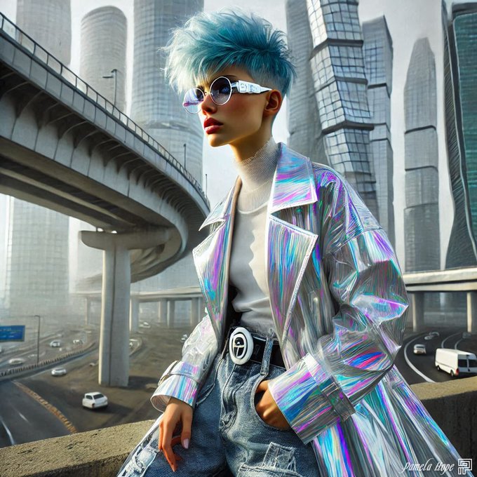 A digital artwork of a stylish figure with blue spiky hair wearing futuristic glasses and a holographic iridescent coat, standing on a rooftop with a cyberpunk city skyline and elevated highway in the background.