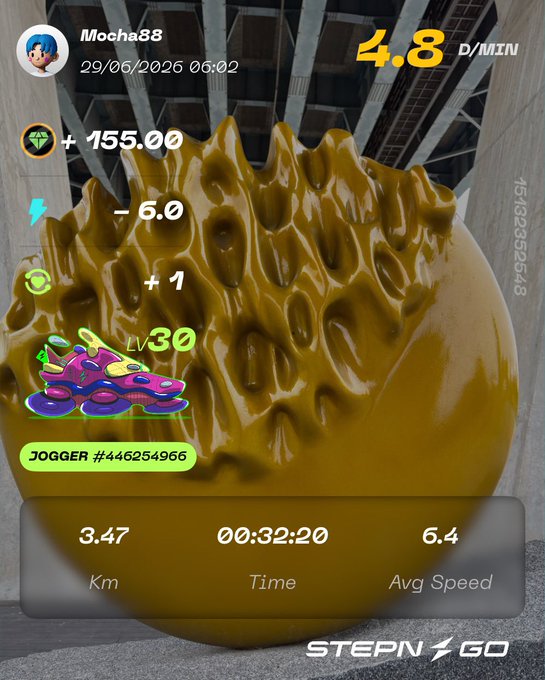 A STEPN Go jogging app screenshot from user "Mocha88" on 29/06/2026 at 06:02, showing a 32-minute, 20-second run covering 3.47 km at an average speed of 6.4 km/h, earning +155.00 points with a LV 30 Jogger sneaker (#446254966) and 4.8 D/MIN rate. The post "#stepn go" relates to the image by showcasing an in-app movement session used to earn crypto rewards.