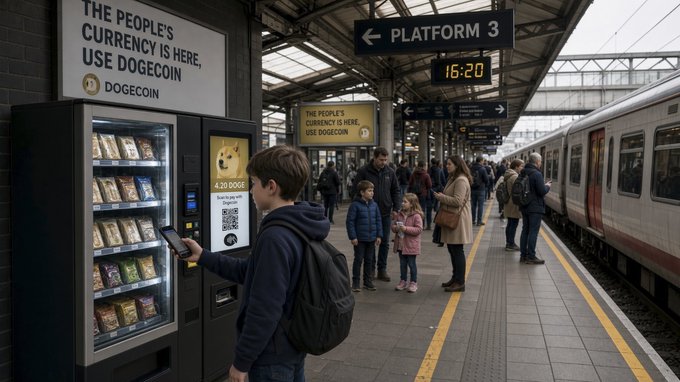 A train station scene showing a young man with a backpack at a vending machine displaying "THE PEOPLE'S CURRENCY IS HERE, USE DOGECOIN," with a platform sign pointing to "PLATFORM 3" and a digital time of "16:20."