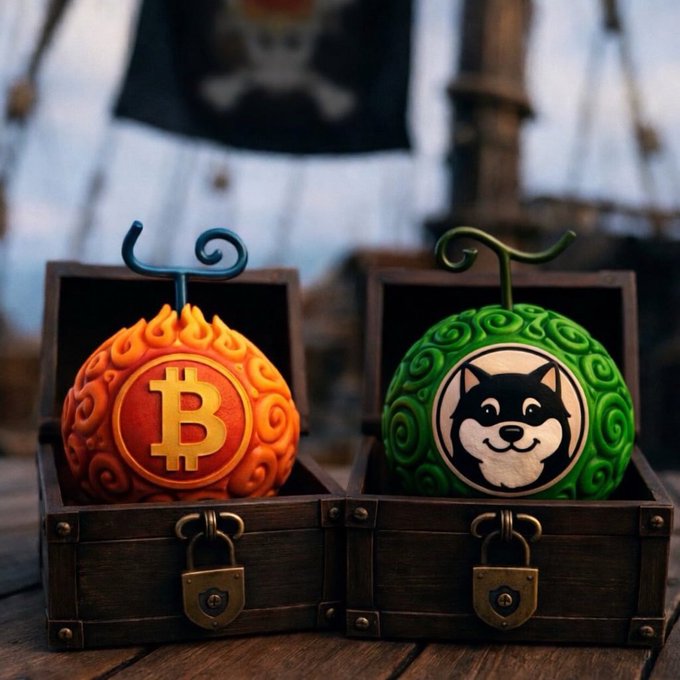 Two treasure chests sit side by side with Devil Fruits inside; the orange one features a Bitcoin logo and the green one displays a Shiba Inu dog face, set against a pirate ship background.