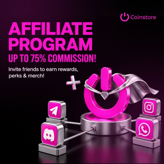 A promotional graphic for Coinstore's Affiliate Program offering up to 75% commission, featuring social media icons (Telegram, Discord, Instagram, WhatsApp) and a superhero-themed power button logo on a dark pink background.