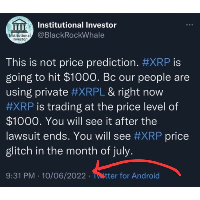 A tweet from "@BlackRockWhale" dated 10/06/2022 claims XRP will hit $1000 due to private XRPL use, and reassures skeptics "This is not price prediction." The post expresses the poster's exhaustion from waiting four years for XRP to reach $1,000, highlighting the continued gap between such lofty price promises and actual market performance.