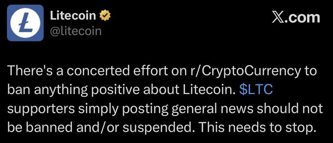 A tweet from Litecoin (@litecoin) claiming there's a concerted effort on r/CryptoCurrency to ban positive posts about $LTC.