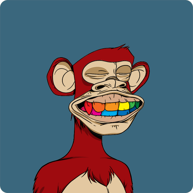 A digital illustration of a red Bored Ape-style monkey with a wide rainbow-toothed grin on a dark blue background.