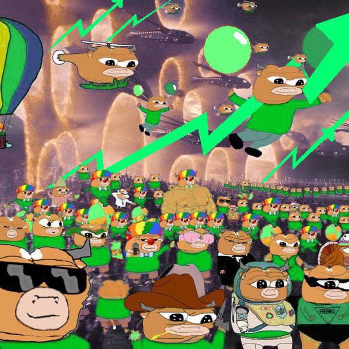 A chaotic meme collage featuring numerous cartoon bear characters wearing green shirts, with a large green upward arrow trending across a background of fountains and flying UFOs.