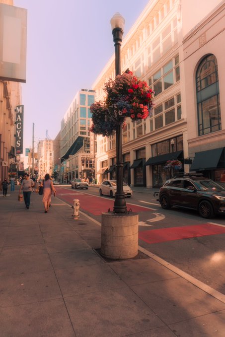 A sunlit street scene featuring a "MACY'S" storefront, a black lamppost adorned with hanging flower baskets, a pedestrian crossing, and vehicles on the road in an urban downtown setting.