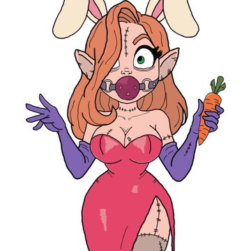 A digital drawing of a cartoonish female character with rabbit ears, wearing a red dress and a ball gag, holding a carrot.
