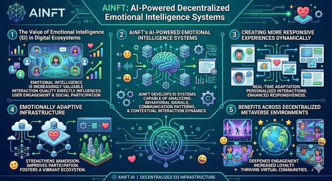 A blue and green infographic with various icons depicting emotions such as happiness, sadness, anger, love, and surprise, along with other elements like hearts, clouds, a globe, people interacting, logos, and text. The post emphasizes the role of emotional intelligence in immersive digital ecosystems by showcasing how AI can be used to analyze user interactions for improving engagement levels and social participation.