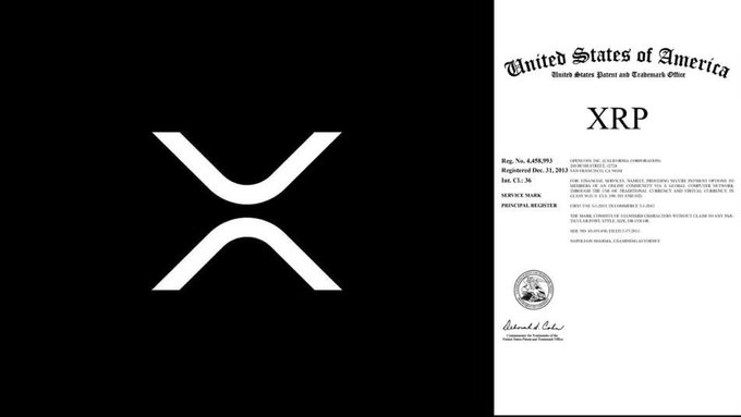 The image features the XRP logo on the left alongside what appears to be a United States Patent and Trademark Office registration document for "XRP" (Reg. No. 6,458,903), supporting the claim that XRP has been officially patented in the U.S. and recognized as a payment method for financial services.