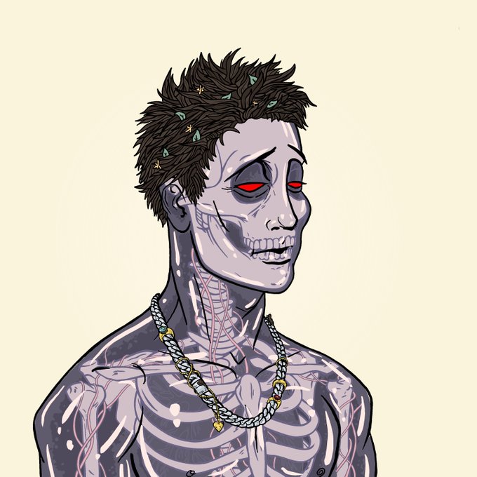 A stylized illustration of a zombie-like figure with gray skeletal skin, glowing red eyes, and spiky dark hair adorned with small leaves, wearing a silver chain necklace with gold charms. The image humorously contrasts with the post by visualizing a "crpytopunk" or NFT-style character joking about holding their "kickass jpeg" through market volatility, implying resilience as an undead HODLer unaffected by chart drops.