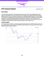 An 'ETN Technical Outlook' document from September 2026 featuring a 'Daily Insights' analysis with a market chart showing price movements for the Ethereum token.