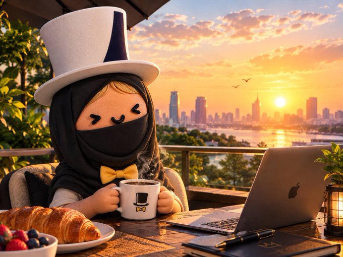 A cute plush character wearing a top hat, sunglasses, and a face covering enjoys coffee and pastries on a balcony overlooking a sunset city skyline, with a laptop and Apple notebook at the table. The image complements the "Gm friends" post by setting a relaxed, morning/early-rise mood perfect for greeting the crypto and finance community.