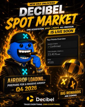 Promotional graphic for Decibel announcing a new era and Spot Market launch, highlighting an airdrop loading for Q4 2026 and 'Big Rewards are Coming' with 13.40 $AMP and $155 in rewards.