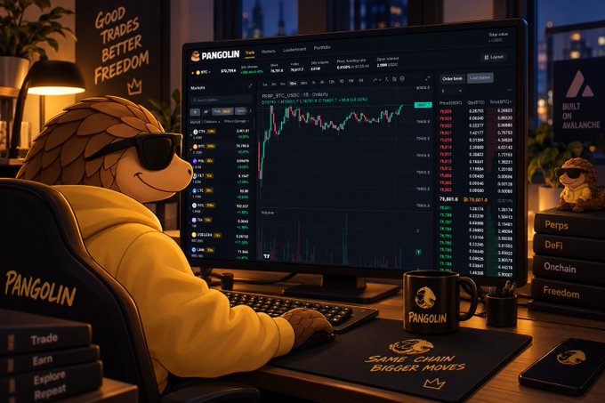A pangolin mascot wearing sunglasses and a yellow hoodie trades on a large monitor displaying the PangoPerps exchange interface with candlestick charts and market data, surrounded by books labeled "Perps, DeFi, Onchain, Freedom" and a "Pangolin" mug, visually reinforcing the post's message of 24/7 on-chain perpetual futures trading. The cozy trading setup with neon signs reading "GOOD TRADES BETTER FREEDOM" and "SAME CHAIN BIGGER MOVES" reinforces the platform's promise of accessible, always-on crypto trading.