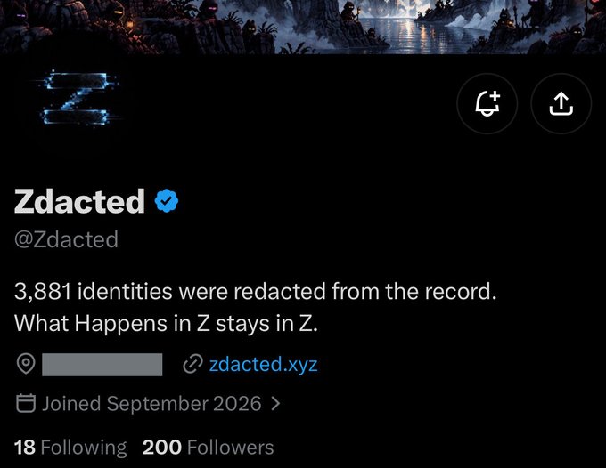 The Twitter/X profile page for 'Zdacted' (@Zdacted) featuring a glitching 'Z' logo, a bio stating '3,881 identities were redacted from the record. What Happens in Z stays in Z.', with 18 Following and 200 Followers.
