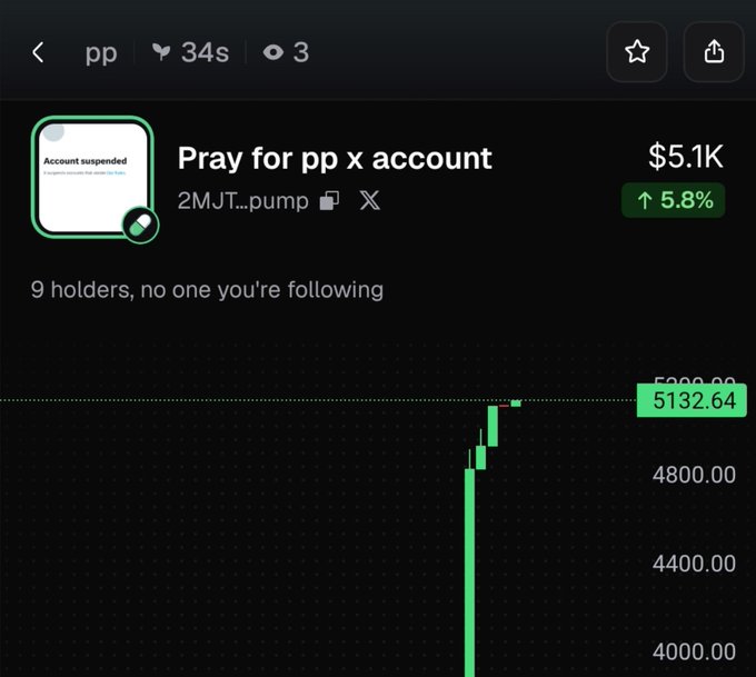 A screenshot of a Pump.fun page shows the "Pray for pp x account" token (2MJT..pump) with a market cap of $5.1K, up 5.8%, displayed alongside a steep green price chart reaching 5132.64, directly visualizing the early-stage memecoin promoted in the post.