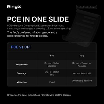 An informational slide from 'Blingx' titled 'PCE IN ONE SLIDE' explaining the Personal Consumption Expenditures Price Index, featuring a comparison table between PCE and CPI metrics including their releasing agencies (Bureau of Labor Statistics vs. Bureau of Economic Analysis).