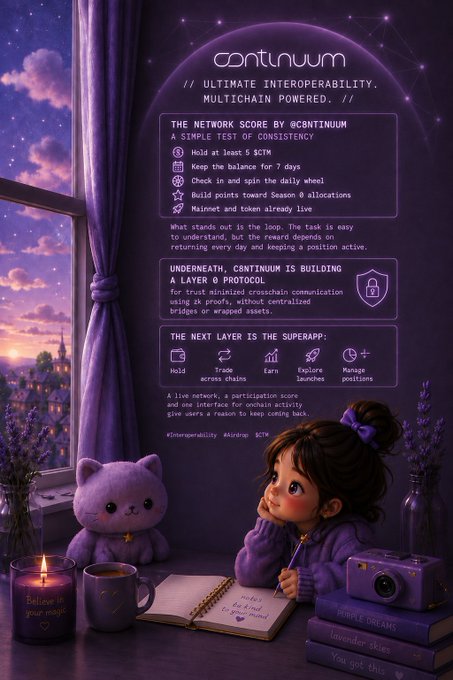 A promotional infographic for 'Continuum' featuring a cartoon girl at a desk, describing it as a multichain-powered network for ultimate interoperability with features including a network score based on consistency, Layer 0 protocol, and superapp functionality.