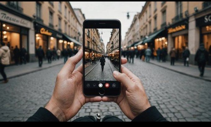 A person holds a smartphone, taking a picture of a cobblestone street in Paris, framing a person walking down the center.