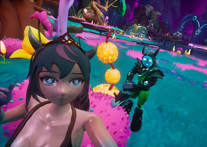 A 3D animated scene with a horned anime-style female character in the foreground and a futuristic robot character in a colorful, fantastical landscape with bright pink and teal foliage.