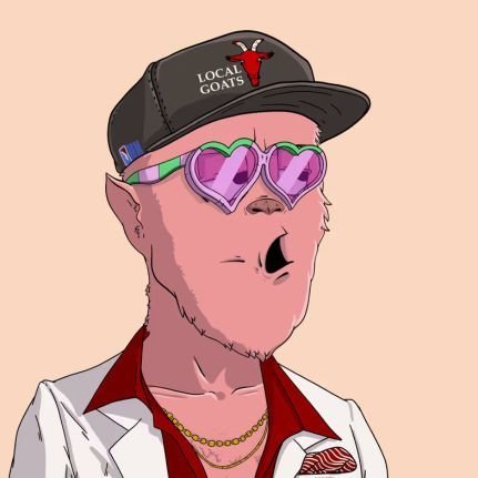 A cartoon illustration of a character with a long face wearing a black 'LOCAL GOATS' cap, pink heart-shaped sunglasses with rainbow frames, a gold chain, and a white shirt with red collar.