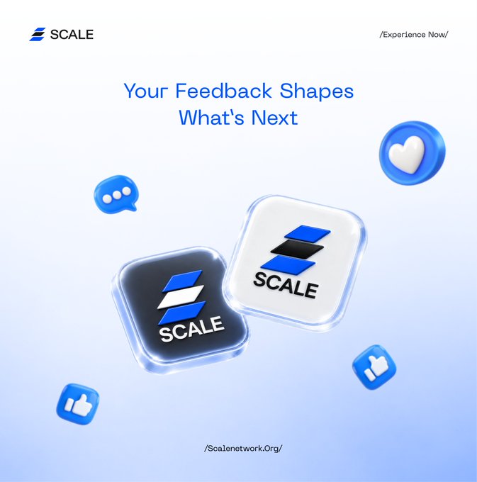 Promotional graphic for the Scale Network app, featuring two 3D app icons (one black, one white) surrounded by floating reaction icons (heart, chat bubble, thumbs up), with the headline "Your Feedback Shapes What's Next," a "/Experience Now/" call-to-action, and the website "/Scalenetwork.Org/."