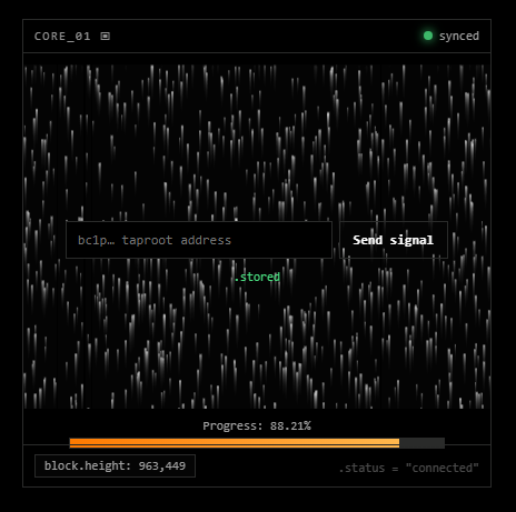 The image shows a CORE_01 interface with a synced status, displaying a bcip_ taproot address input field, a "Send signal" button, a confirmation message ".stored", progress at 88.21%, block height of 963,449, and status "connected". The Persian caption invites users to register their Taproot address on the CorePunks platform (corepunks.com), which matches the functional interface shown for submitting taproot addresses.