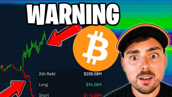 A YouTube thumbnail with 'WARNING' text and a surprised man's face, showing a Bitcoin price chart with red arrows pointing to a Bitcoin logo, and trading stats: 24h Rekt $208.08M, Long $94.08M, Short $114.00M.