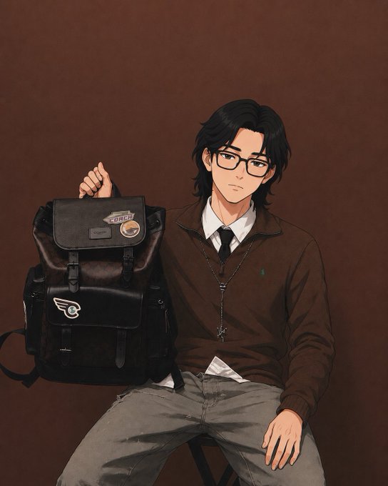 An anime-style illustration of a young man with glasses and dark hair holding up a black backpack with 'PORCH' and 'E' logos, wearing a brown zip-up sweater over a white shirt and tie.